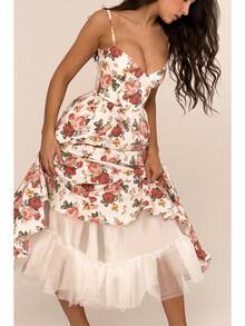 Vestidos Elegantes De Mujer,Women's Elegant Double-Layered Dress With A Full Skirt - 紅色的花朵 - 查看 3