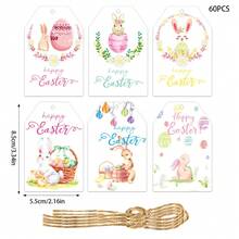 60pcs Cute Easter Gift Tag Set Rabbit Easter Egg Pattern With Hemp Rope Decoration Festival Gift Packaging Label, Cute Easter Tag