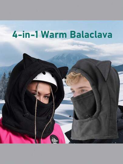 Cute Cat Ear Women's Winter Warm Head Cover - Fleece Helmet Compatible Hood Mask For Skiing, Motorcycle & Outdoor Cold-Weather Activities Vacation Outfits