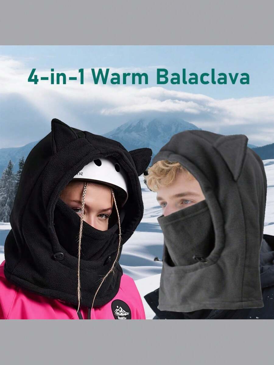 可爱猫耳女士冬季保暖头套 - 抓绒头盔兼容帽面罩，适合滑雪、摩托车及户外寒冷天气活动，度假装备 - 彩色 - 查看 1