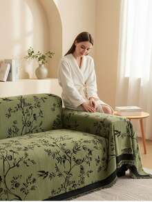 High-Quality Chenille Cotton Blend Sofa Cover - Soft & Fluffy Sofa Protector With Green Natural Plant Pattern