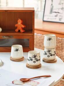 4pcs Minimalist Ceramic Mini Espresso Cups Set With Wooden Tray, Small Capacity Concentrated Coffee Cups, Coconut Tree Design Tasting Cups, Suitable For Home, Office, Cappuccino, Latte, Couple Cups