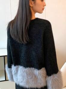 2026 Women's Spring Plush Patchwork Long Sleeve Jacket, Thick Faux Mink Fur Round Neck Cardigan - Dark Blue - View 3