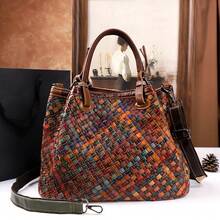 时尚旅行编织手提包，大容量单肩包，随机撞色水桶包，通勤包，头层牛皮和真皮女士包 - 彩色 - 查看 3