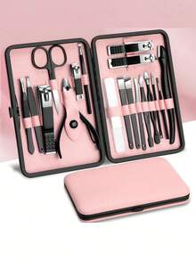 18pcs Classic Manicure & Pedicure Tool Kit, Includes Nail Clipper, Cuticle Nipper, Tweezers, Nail File And Stainless Steel Cuticle Pusher - Fragrance-Free Manicure & Pedicure Set - Black and Pink - View 4