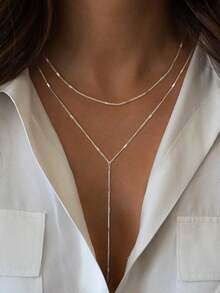 1条14K镀金多层项链，Y字形叠层项链，简约百搭个性化项链，套索式金项链，女士珠宝礼物 - 疊戴Y形鏈條分層項鍊 - 查看 10