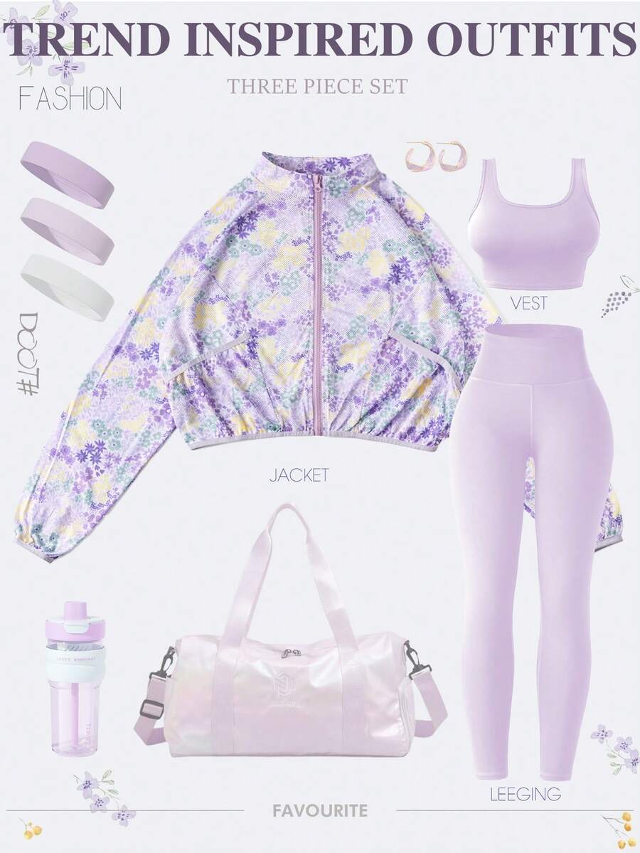 3pcs Set: Lavender Ditsy Floral Zip-Up Jacket + Matching Sports Bra + Leggings, Soft & Feminine Outfit For Yoga, Fitness, Casual Outings, Accessorize With Headband, Handbag, Water Bottle For A Sweet & Stylish Look Spring