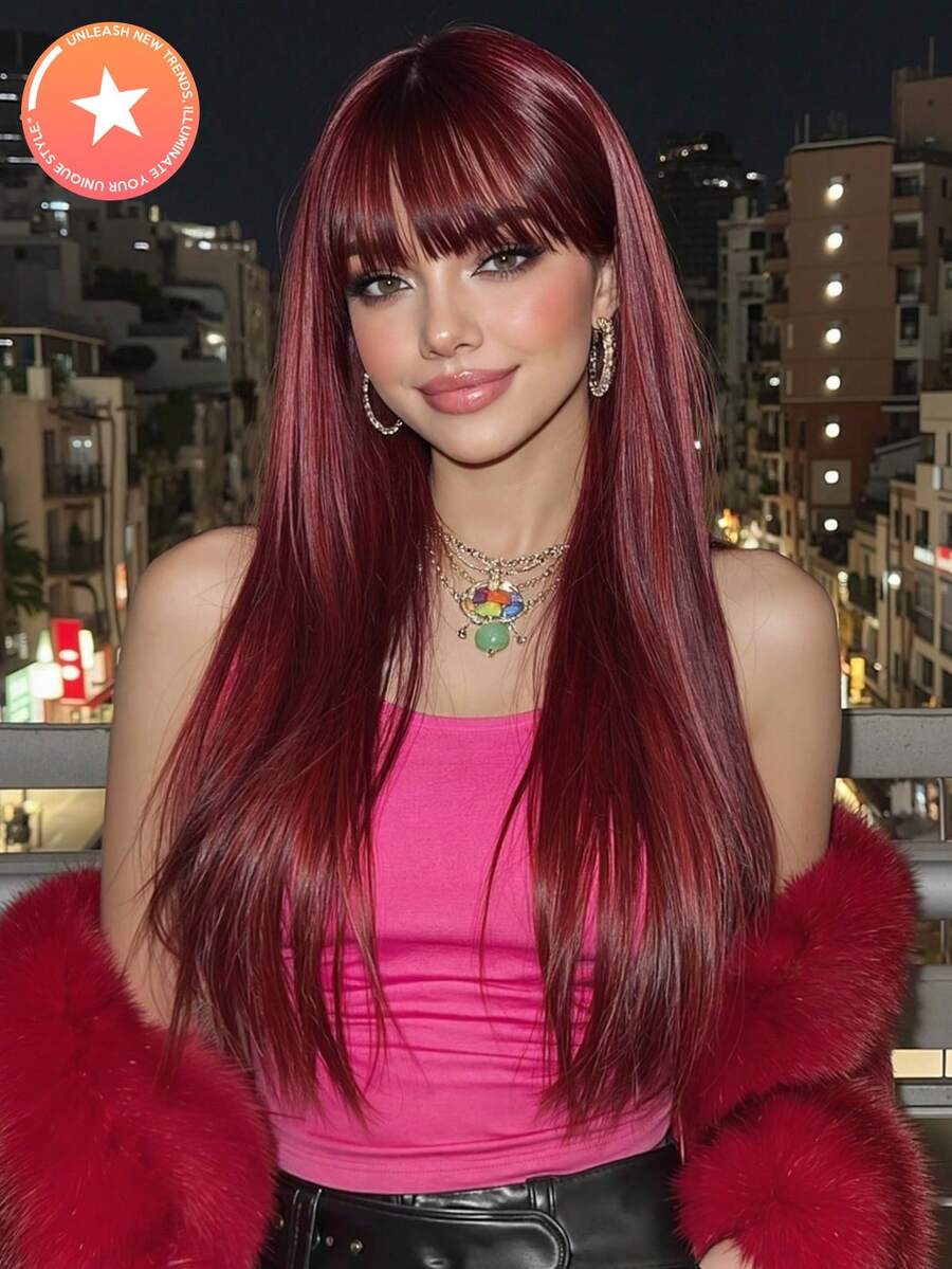 26英寸/65厘米长直酒红色假发，带刘海，女士耐热合成假发，自然逼真，适合角色扮演、彩色合成假发、高温丝假发、直发假发、带刘海假发、节日日常时尚风格合成假发、编织假发，也适合万圣节和圣诞节佩戴。 - 酒紅色 - 查看 1