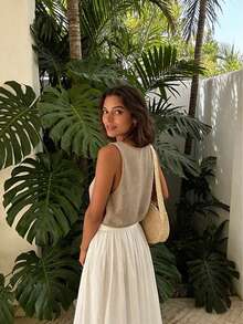 Sylvia Women's Summer Basic Minimalist Sleeveless Crew Neck Cropped Knit Tank Top, Soft Fabric, Relaxed Casual Vibe, Suitable For Beach Vacation, Afternoon Tea, Date, Music Festival - Camel - View 6