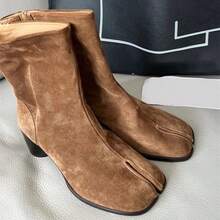 Cowhide Version~Genuine Leather Split Toe Pig Trotter Women's Shoes Look Slim And Thick With Thick Heels. Mid Heeled Boots For Women, Chelsea Women's Short Boots - 棕色磨砂面(加絨) - 查看 3