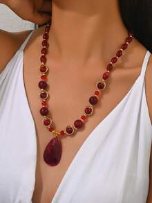 1件时尚高品质红色亚克力串珠吊坠项链，适合女性日常及派对佩戴，礼品 - 酒紅色 - 查看 2