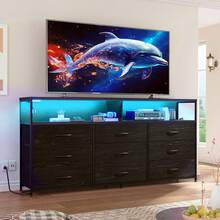 55W TV Stand 9 Drawers Dresser With Open Storage Shelves, Dresser For 55,60 Inch TV With Power Outlets And LED Lights, Fabric Dressers Drawers For Bedroom, Living Room - 查看 2