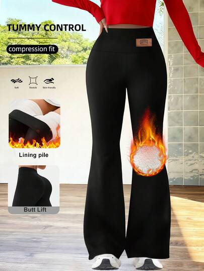 Women's High Waist Anti-Roll Warm Flare Pants, Wool-Lined Polyester Spandex Blend, Winter Skinny Leggings Suitable For Running, Fitness, Cycling, Autumn/Winter High Waist Fleece Elastic Waistband Flare Pants, Made Of Thick High-Stretch Opaque Fabric, Soft And Warm For Indoor And Outdoor Casual Sports Commuting Wear, Solid Color Design With Both Comfort And Fashion