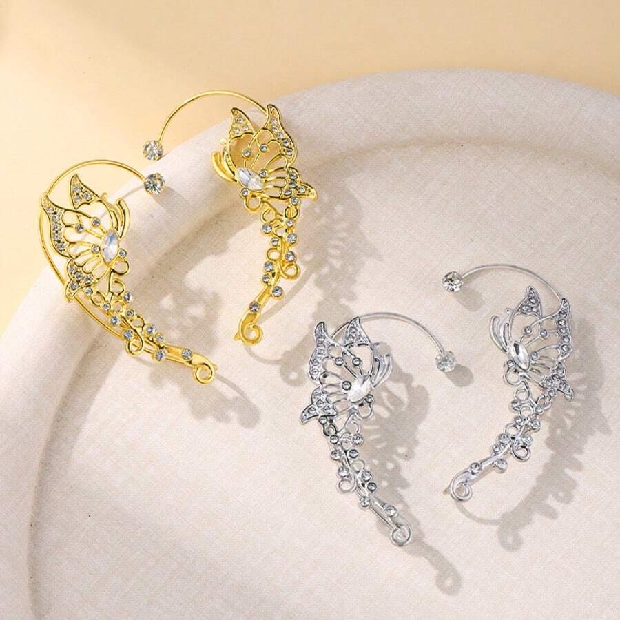 1 Pair Of Butterfly Ear Hooks For Women, Niche Non-Pierced Ear Bone Clips, Versatile Diamond-Encrusted Elf Ear Hooks - Silver - View 1