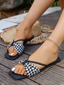 Women's Houndstooth Bow Flat Beach Slippers - Black and White - View 3