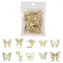 40件/套随机金色美甲饰品组合，闪亮蝴蝶美甲贴纸和水钻3D Y2K美甲饰品配件美甲用品 - 金色 - 查看 6