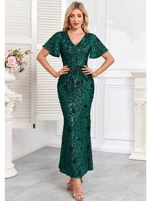 hezixi Đầm dạ hội tay ngắn xòe đính sequin sang trọng, gợi cảm, dài kiểu đuôi cá, thích hợp cho đám cưới, tiệc cocktail, kỳ nghỉ xuân. - Màu xanh lá cây đậm - Xem 4
