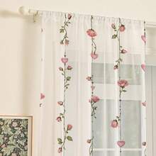 2 Pcs Valentine's Day Sheer Curtains, Featuring Romantic Pink Rose Vines And Heart Patterns, Flat Print, Polyester, Rod-Mounted Curtains, Suitable For Living Rooms, Bedrooms, Balconies, Partitions, Cafes, Kitchens, And Dining Rooms - Machine Washable.