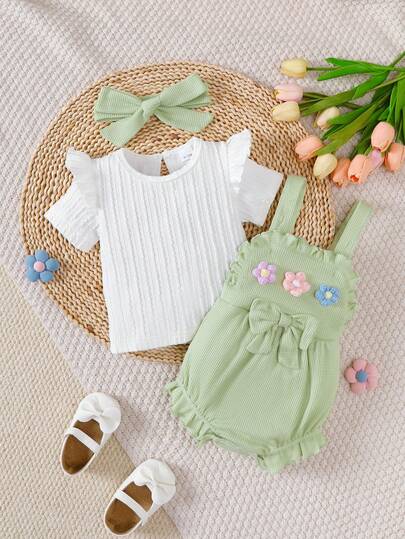 Bộ 3 món cho bé gái sơ sinh kiểu đồng quê: Áo tay ngắn màu trơn, thoải mái, đa năng, thêu hoa dễ thương, kèm băng đô, thích hợp cho mùa xuân/thu.