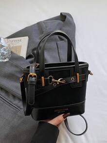 Túi xách nữ màu trơn thời trang, kiểu dáng mini xô đa năng với hai quai xách và dây đeo vai có thể điều chỉnh, phù hợp cho sinh viên, đi làm, mua sắm và sử dụng hàng ngày. - màu đen - Xem 4