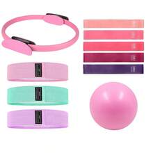 Juego de aro de Pilates, equipo de fitness para el hogar de mujeres, incluye pelota de yoga, bandas de resistencia de yoga y banda para glúteos, herramientas ideales para la práctica de fitness y yoga en el hogar (el material de la superficie es espuma, y las abolladuras y arañazos durante el transporte son fenómenos normales)