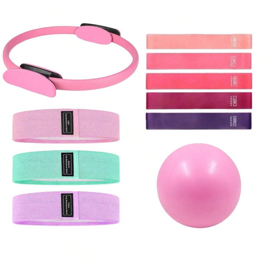 Juego de aro de Pilates, equipo de fitness para el hogar de mujeres, incluye pelota de yoga, bandas de resistencia de yoga y banda para glúteos, herramientas ideales para la práctica de fitness y yoga en el hogar (el material de la superficie es espuma, y las abolladuras y arañazos durante el transporte son fenómenos normales)