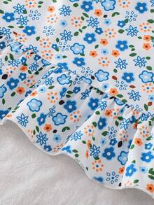 2件套女婴碎花无袖上衣和纯蓝色短裤套装，春夏款 - 淺藍色 - 查看 7