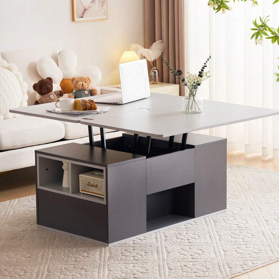 Multifunctional Lift-Top Coffee Table - Unfolds To Form 2 Tables, Dark Grey + Light Grey, Large Capacity, Modern Living Room Furniture, Side Table/Dining Table/Desk