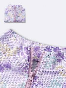 3pcs Set: Lavender Ditsy Floral Zip-Up Jacket + Matching Sports Bra + Leggings, Soft & Feminine Outfit For Yoga, Fitness, Casual Outings, Accessorize With Headband, Handbag, Water Bottle For A Sweet & Stylish Look Spring - Lilac Purple - View 6