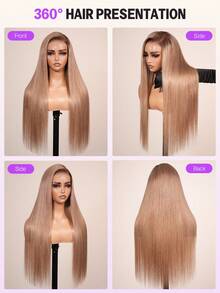 MEGALOOK 6x5 奶茶棕色渐变色丝滑直发假发，100%真人发丝 - 无需胶水，预剪蕾丝，预拔毛自然发际线，透明蕾丝假发蕾丝封顶，180%密度 - 新手友好，无需胶水，自然美观，适合日常佩戴，可打造办公室、僵尸新娘、万圣节、派对、Y2K、坏女孩、度假、户外、角色扮演、校园、学校假期、圣诞节、派对、婚礼、节日等各种造型，适合女性佩戴。 - 彩色 - 查看 5