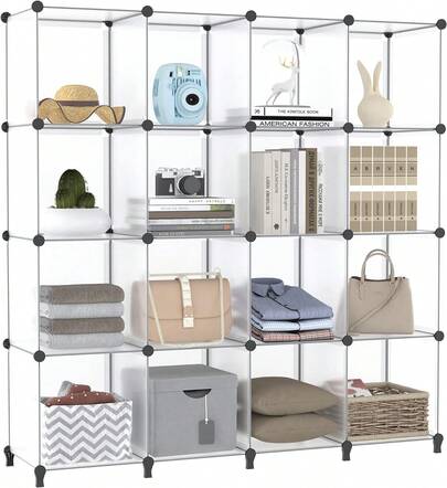 16 Cubes Storage Organizer, 20 Cubes Storage Shelves, Large Cube 14"X14" Storage Shelves, Cube Organizer, Modular Storage Cube Suite For Book Self, Cloths, Toys, Bags, Closet Organizers And Storage, Translucent White.