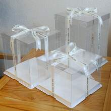 1pc Transparent Cake Box With Random Printed Ribbon - Made Of PET Material, Square/Rectangular Design, Reusable Cake, Pastry, Chocolate, Cookie, Pie Gift Packaging Suitable For Birthday, Wedding, Valentine's Day, Mother's Day, Easter And Other Occasions, Can Also Be Used As A Gift Box - Clear - View 3