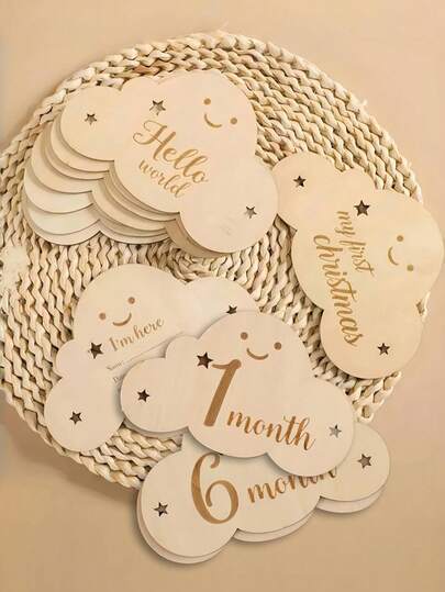 A Set Of Baby 1-12 Months Wooden Cloud Milestone Baby Growth Record Photo Atmosphere Props Double-Sided Mileage Plate Pendant Hanging Baby Monthly Milestone Cards, Double Sided Engraved Keepsake Photo Prop