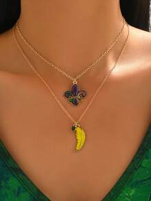 1件装女士时尚羽毛吊坠项链，个性化双层颈链，紫色、黄色、绿色，闪亮水钻，适合狂欢节、化装舞会、日常、度假、派对、节日礼物 - 彩色 - 查看 1