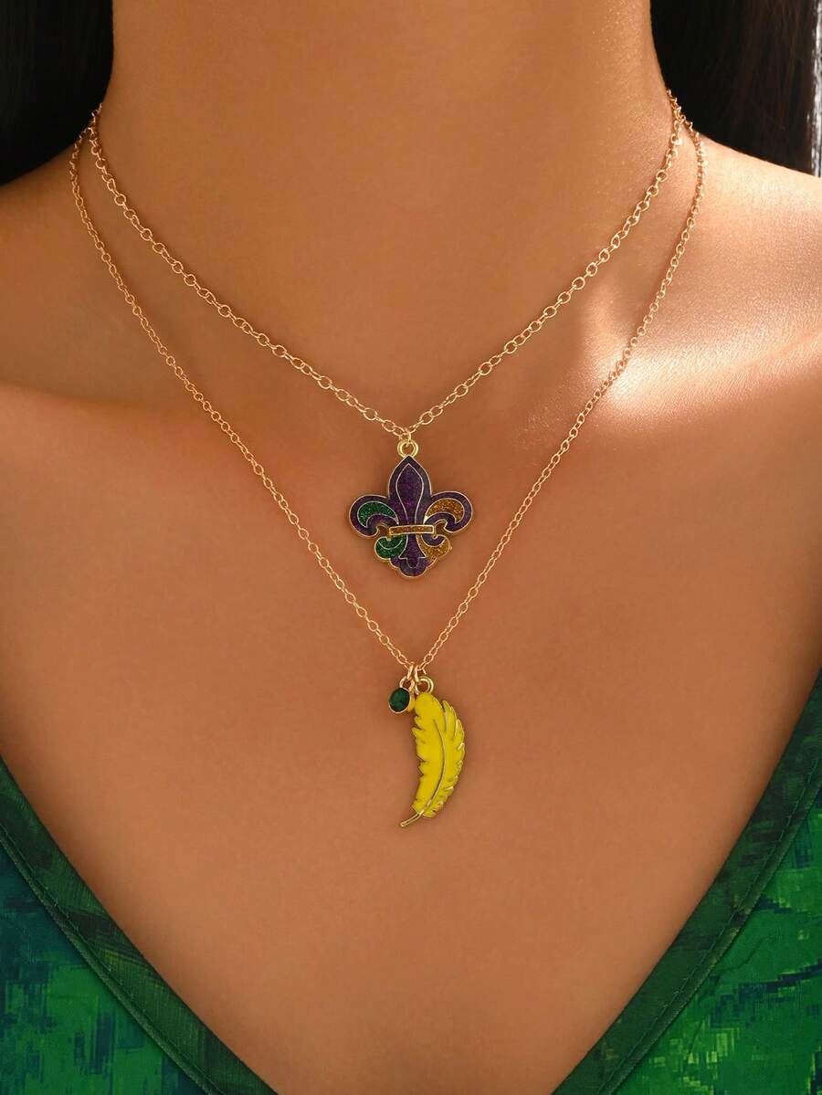 1件装女士时尚羽毛吊坠项链，个性化双层颈链，紫色、黄色、绿色，闪亮水钻，适合狂欢节、化装舞会、日常、度假、派对、节日礼物 - 彩色 - 查看 1