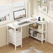 Sweetcrispy L Shaped Desk With Shelf Drawers, White Corner Computer Desks Gaming With Power Outlet, Study Table With Adjustable Shelves, Home Office Tables For Bedroom Teacher Reading Writing - View 6