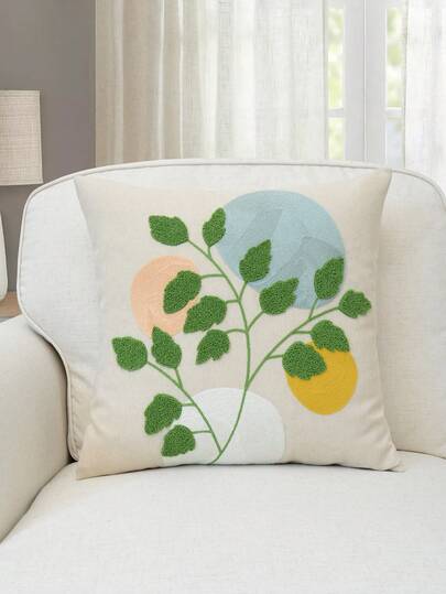 1件春夏植物叶子几何刺绣抱枕套，适合室内装饰，四季皆宜，不含枕芯