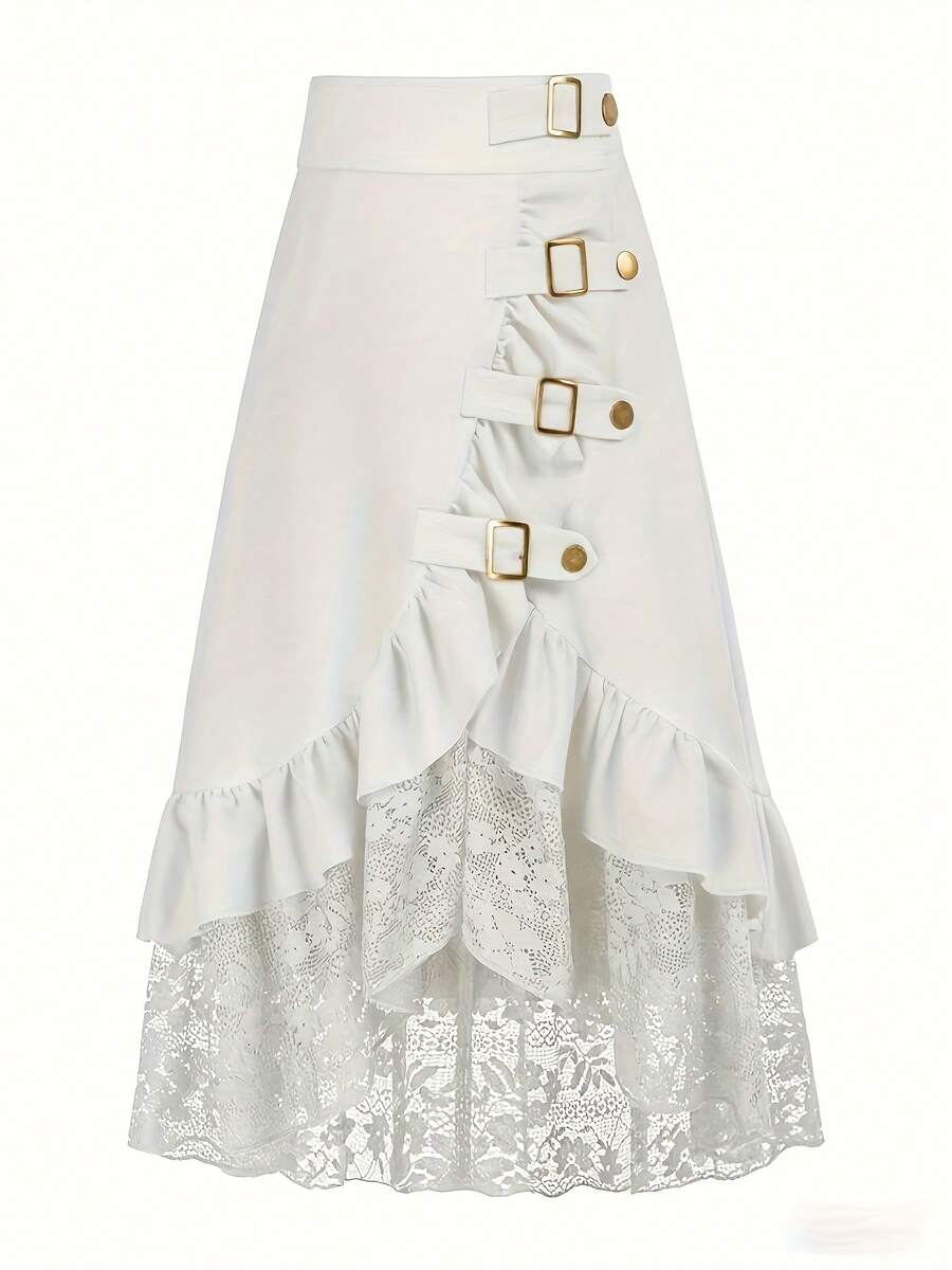 哥特风蕾丝拼接荷叶边纯色海盗裙 白色 春季 - 白色 - 查看 1