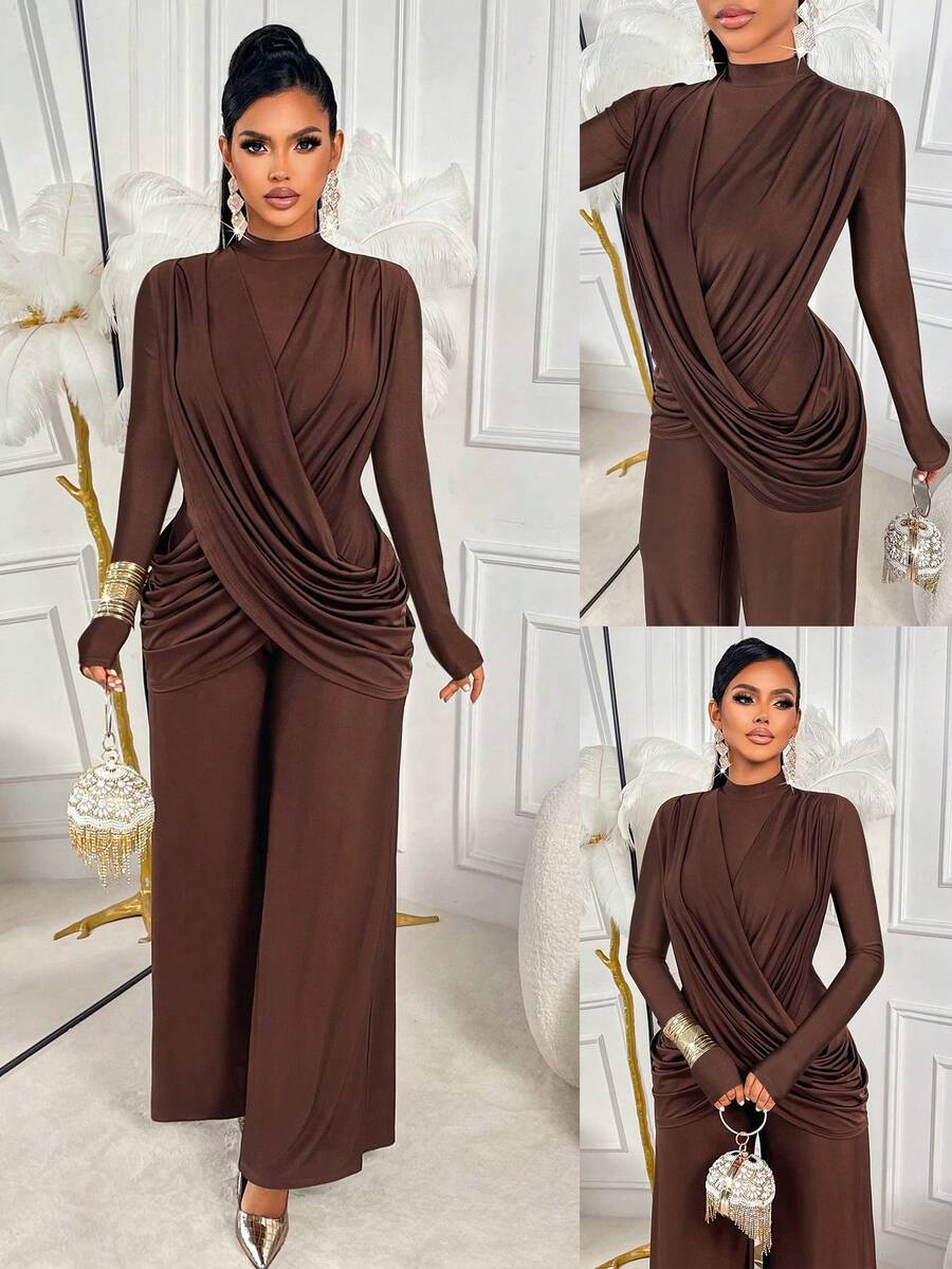 AIJ Amarilo Women'S Sexy Round Neck Long Sleeve Wrap Jumpsuit - Perfect For Parties & Gatherings Spring - Coffee Brown - View 1