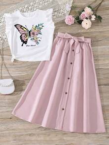Conjunto de blusa de manga corta con estampado de mariposas y falda larga para niñas - Rosa - Ver 1