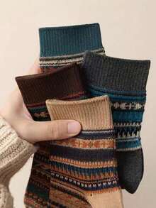 5 Pairs Vintage Crew Socks, American Fashion Patterned Socks, Random Assortment, Autumn/Winter