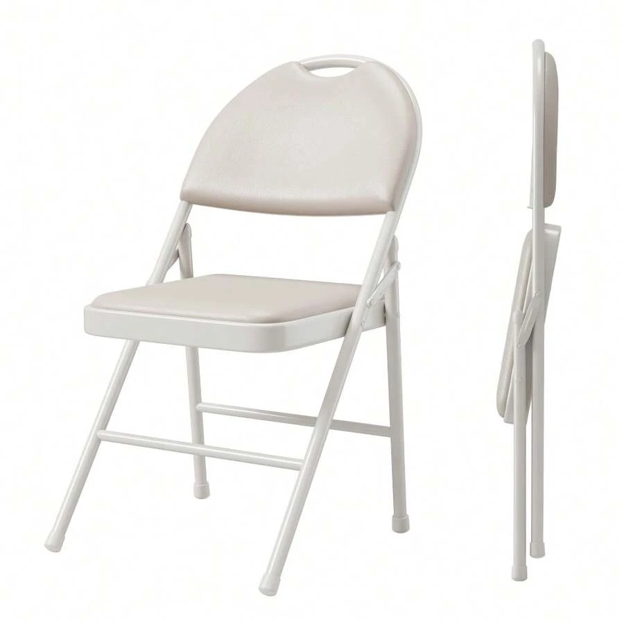 2 Sillas Plegables Acolchadas de Cuero PU - Apilables, para Interior/Exterior | Ideal para Casa, Oficina, Eventos y Camping - Beis - Ver 1