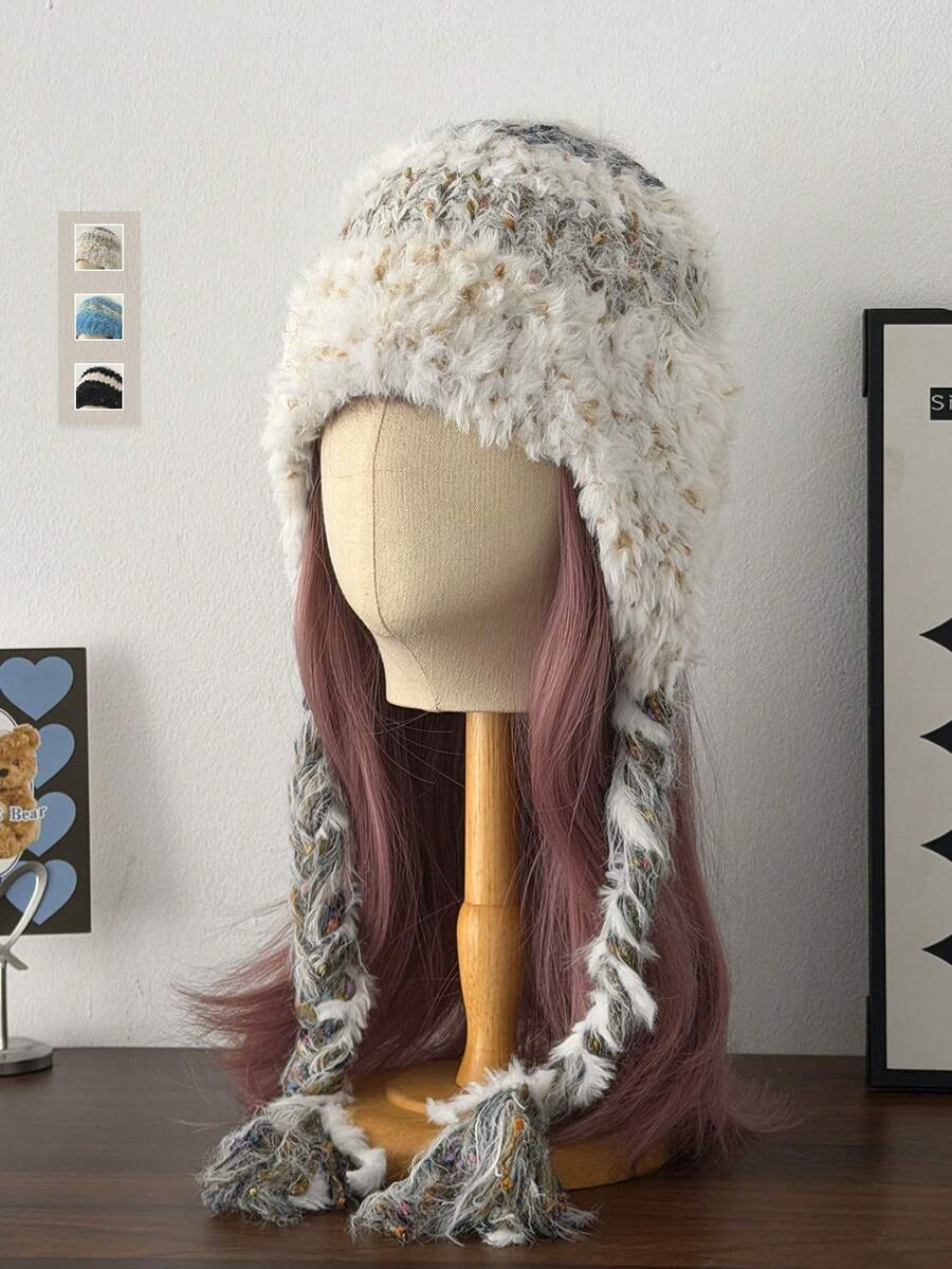1pc Women's Warm Striped Knit Hat With Earflaps, Windproof Thick Knitted Beanie For Autumn/Winter - Multicolor - View 1
