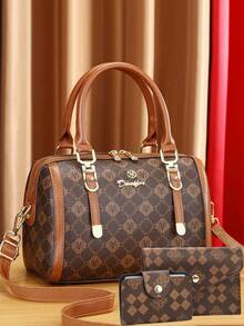 3件套女士时尚印花手提包、托特包、枕形包 - 棕色 - 查看 9