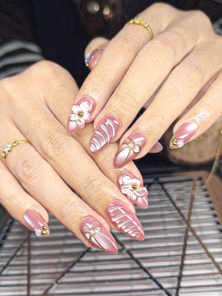 10片手工美甲贴纸，短指甲，假指甲，法式美甲贴纸，杏仁形指甲，紫色指甲，粉色指甲，白色指甲，猫眼指甲，可爱指甲，新年指甲，可爱优雅风格 - 粉色 - 查看 1
