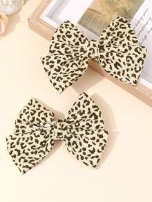 2pcs Leopard Printing Hair Bows For Sweet Baby Girls Brown Leopard Fabric Bow Hair Clips Fashion Bows Hairpins Soft Ribbon Alligator Clips Funky Girls Casual Autumn Winter Hair Barrettes Baby Hair Accessories. - Multicolor - View 3