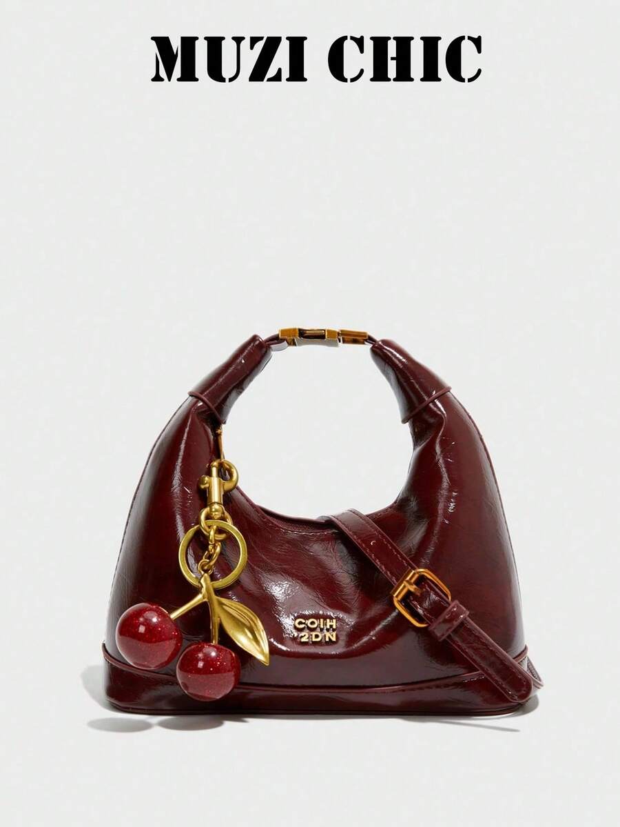 新款时尚小丑纯色PU防水面料手提包，字母图案装饰设计，拉链开合，方形手提包，酒红色手提包，带吊坠装饰设计，可斜挎，适合购物。