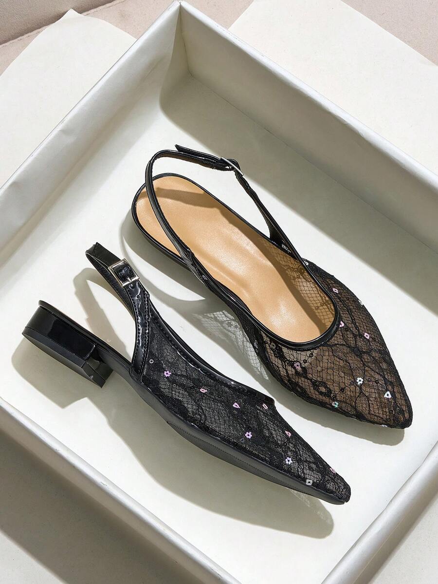 2026 New Pointed Toe Mule Sandals For Women, Shiny Sequin French Style Chunky Heel Breathable Slip-On Sandals - Black - View 1