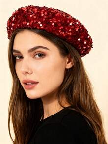 1 chiếc mũ nồi nhung đính sequin nhiều màu sắc dành cho nữ, phong cách thời trang Châu Âu và Mỹ dành cho biểu diễn sân khấu, tiệc tùng và sự kiện Ngày lễ tình nhân - sequin - Xem 2