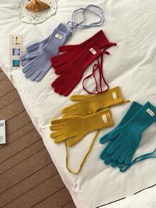 1 Pair Knitted Solid Color Applique Cute Five Finger Warm Long Cuff Touchscreen Fingerless Gloves, Wool Blend, Suitable For Autumn/Winter, Cycling